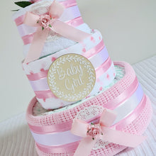 Load image into Gallery viewer, 3 Tier Silver Welcome Baby Nappy Cake