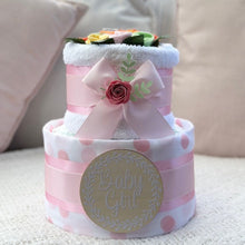 Load image into Gallery viewer, 2 Tier Silver Welcome Baby Nappy Cake