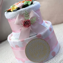 Load image into Gallery viewer, 2 Tier Silver Welcome Baby Nappy Cake