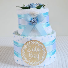 Load image into Gallery viewer, 2 Tier Silver Welcome Baby Nappy Cake